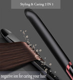 LED display straight hair curling double with curling iron en uso sobre cabello"